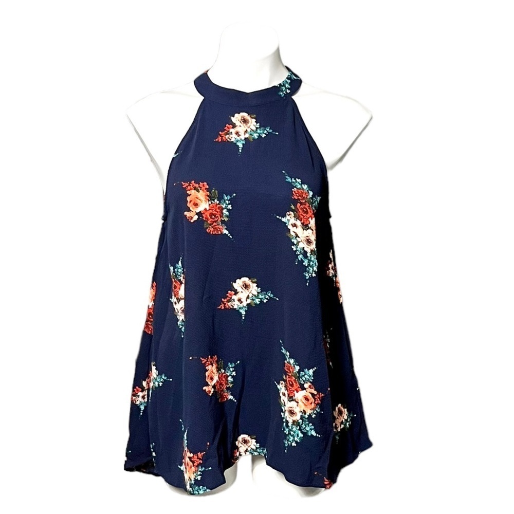 Staccato Floral Halter Top Size Medium Navy